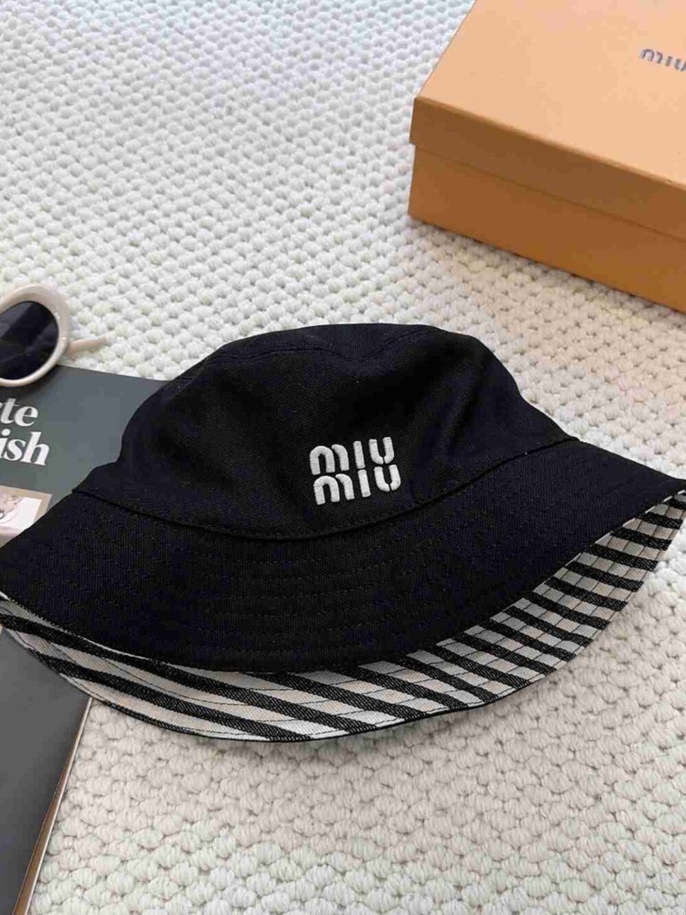 Miu Miu Black Cotton Bucket Hat with White Logo